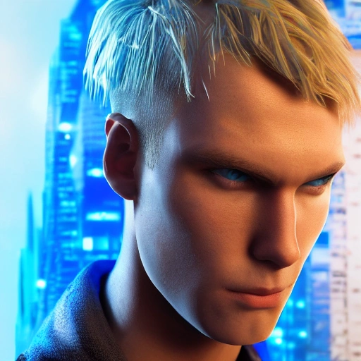 side close-up portrait of 1 cyberpunk boy, blonde short hair, blue eyes, close-up face, spotlight, cyberpunk city, wired, multicolor, vivid high contrast, hyperrealistic, photographic, 8k, epic ambient light, octane render