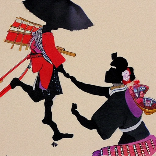 Samurai and geisha is dancing, Water Color