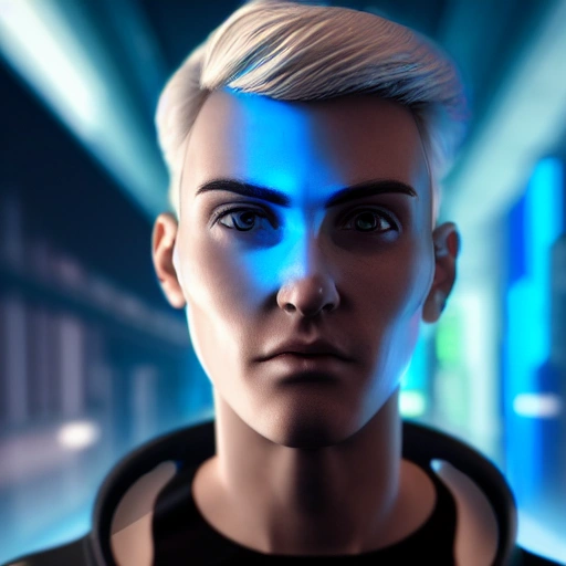 side close-up portrait of 1 cyberpunk boy, blonde short hair, blue eyes, close-up face, spotlight, cyberpunk city, wired, multicolor, vivid high contrast, hyperrealistic, photographic, 8k, epic ambient light, octane render