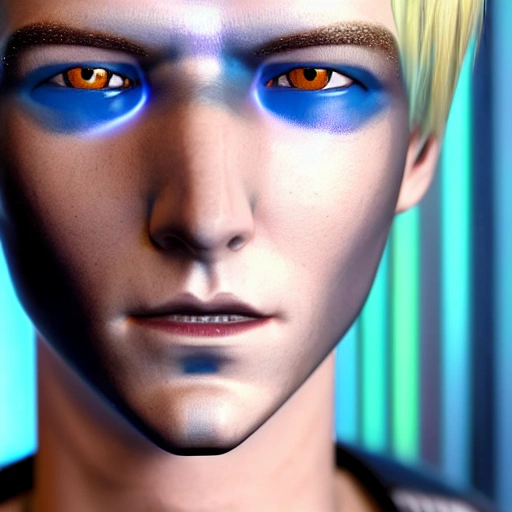 side close-up portrait of 1 cyberpunk boy, blonde short hair, blue eyes, close-up face, spotlight, cyberpunk city, wired, multicolor, vivid high contrast, hyperrealistic, photographic, 8k, epic ambient light, octane render complex 3d render ultra detailed of a beautiful porcelain profile android face, cyborg, robotic parts, 150 mm, beautiful studio soft light, rim light, vibrant details, luxurious cyberpunk,  hyperrealistic, anatomical, facial muscles, cable electric wires, microchip, elegant, beautiful background, octane render, 8k 