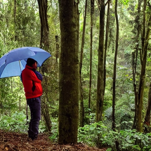 hombre musculoso, en la selva, mirando al cielo , en la lluvia. clima frio,