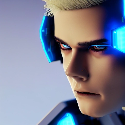 side close-up portrait of 1 cyberpunk boy, blonde short hair, blue eyes, close-up face, spotlight, cyberpunk city, wired, multicolor, vivid high contrast, hyperrealistic, photographic, 8k, epic ambient light, octane render complex 3d render ultra detailed of a beautiful porcelain profile android face, cyborg, robotic parts, 150 mm, beautiful studio soft light, rim light, vibrant details, luxurious cyberpunk,  hyperrealistic, anatomical, facial muscles, cable electric wires, microchip, elegant, beautiful background, octane render, 8k 