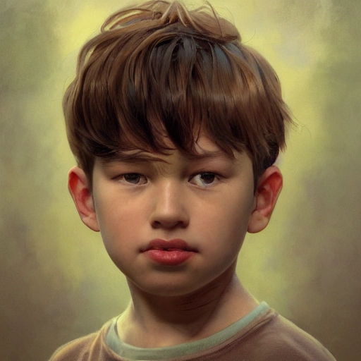 analog style, young boy, a lock of hair covers his right eye, delicate face with bloom by Sandro Botiicelli, Renaud Matgen, head and shoulders portrait, 8k resolution concept art portrait by Greg Rutkowski, Artgerm, WLOP, Alphonse Mucha dynamic lighting hyperdetailed intricately detailed Splash art trending on Artstation triadic colors Unreal Engine 5 volumetric lighting