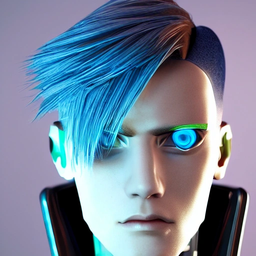 side close-up portrait of 1 cyberpunk boy, blonde short hair, blue eyes, close-up face, spotlight, cyberpunk city, wired, multicolor, vivid high contrast, hyperrealistic, photographic, 8k, epic ambient light, octane render complex 3d render ultra detailed of a beautiful porcelain profile android face, cyborg, robotic parts, 150 mm, beautiful studio soft light, rim light, vibrant details, luxurious cyberpunk,  hyperrealistic, anatomical, facial muscles, cable electric wires, microchip, elegant, beautiful background, octane render, 8k 