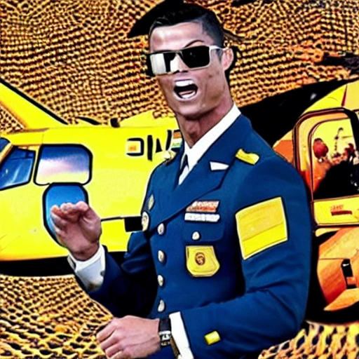 Cristiano Ronaldo, in military uniform, gold glasses and flying in a helicopter to the moon, Trippy, Cartoon