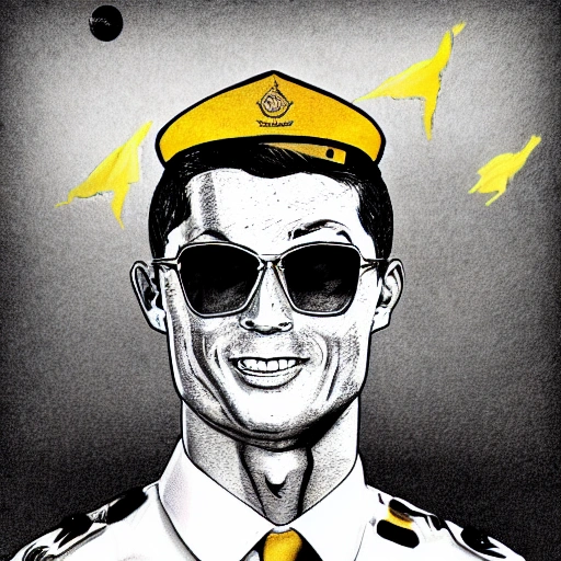 Cristiano Ronaldo, in military uniform, gold glasses and flying in a helicopter to the moon, Trippy, Cartoon, Pencil Sketch