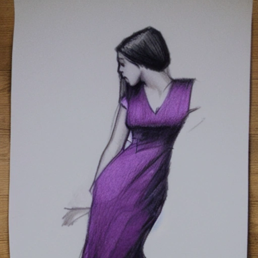 una mujer con vestido morado caminando por la luna., Pencil Sketch