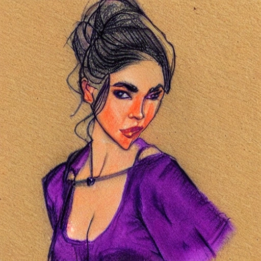 una mujer hermosa de ojos verdes, labios carnosos y con un vestido morado caminando por la luna., Pencil Sketch