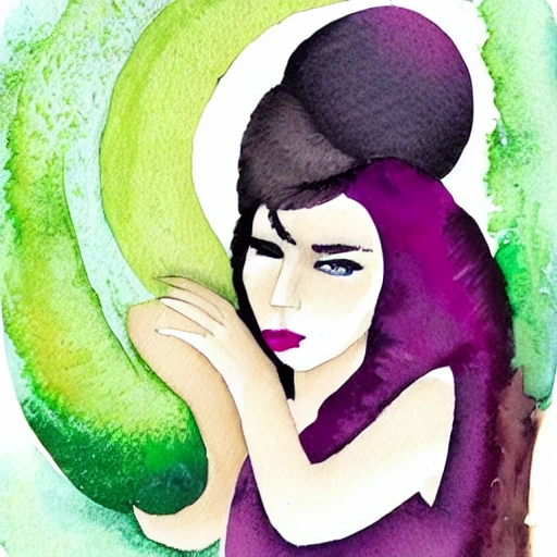 una mujer hermosa de ojos verdes, labios carnosos y con un vestido morado caminando por la luna., Water Color