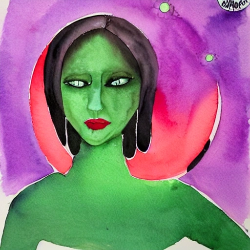 una mujer hermosa de ojos verdes, labios carnosos y con un vestido morado caminando por la luna., Water Color, 3D