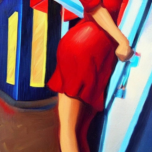 mujer rubia de ojos azules con un largo vestido rojo que fluye, solicitando un cóctel en un bar, en la víspera de año nuevo, en un futuro distópico de bladerunner , Oil Painting, Pencil Sketch