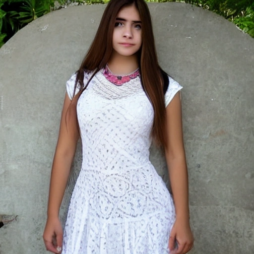 joven de 17 años, rostro angelical, piel clara, ojos celestes, con un vestido escotado y curvas pronunciadas