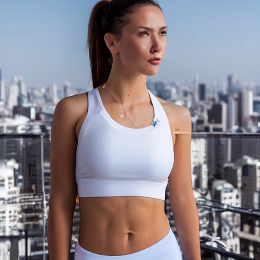 professional photo of a beautiful young woman, gorgeous beauty, sweaty pale skin, symmetrical face, wearing white sports bra, toned stomach, perfect boobs, dense voluminous hair, rooftop terrasse gym in background, penthouse environment, stunning background with city view, cinematic lighting, highly detailed, intricate, sharp focus, (((depth of field))), (((f/1.8))), 85mm, (((professionally color graded))), (((dusk))), soft diffused light, volumetric fog, hdr 4k, 8k