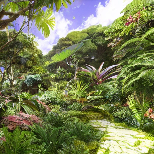 professional photo, luxury small country house, surrounded by precious tropical garden with some exotic plants, palm trees, orchids, low grass sunlight filtering through the canopy creating a dappled effect In the style of Yoshitaka Amano and Hayao Miyazaki, masterpiece, proportional, detailed, trending on artstation, beautiful lighting, realistic, intricate, award winning, 8k