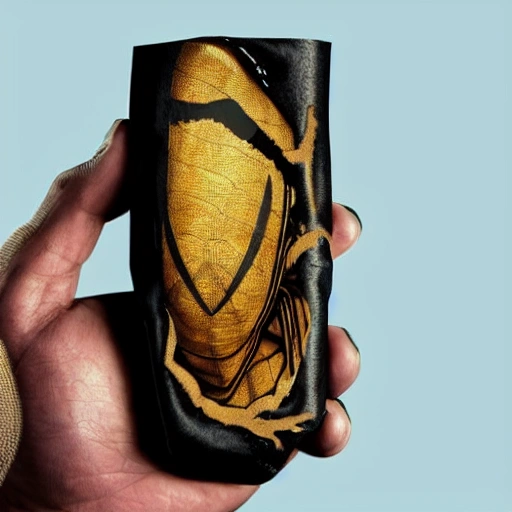 Generate an artwork in 4K resolution with a golden knife wrapped in mummy-like bandages.
Show the knife unwrapping gradually.
Inside, display a black substance resembling Spider-Man's symbiote., 3D, Cartoon