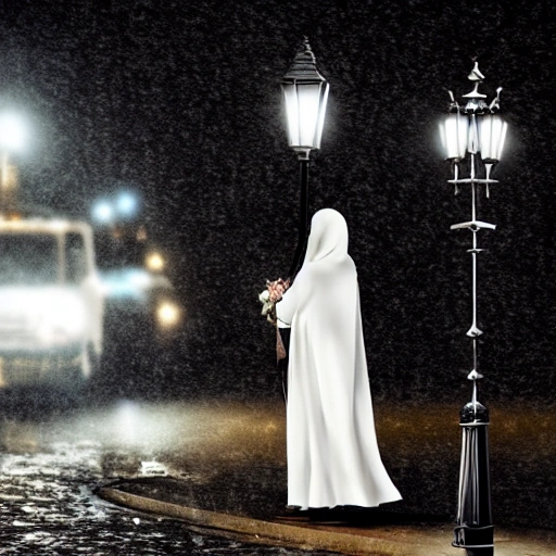 In the midst of the storm, a man shrouded in a long black cloak walked through the deserted streets. Suddenly, he came across a beautiful lady of the night, standing by a lamppost, illuminated as if by an angel. The hooded man approached her and pulled out a white rose from his cloak. He offered it to her, and then walked away into the darkness. The lady took the flower with admiration and curiosity, but as she held it, a single thorn pricked her finger and a few drops of blood fell. The drops turned into a stream, and before long, a pool of blood surrounded her. But as suddenly as it appeared, the blood vanished, leaving only her body and a red flower. A young girl in a long white cloak skipped over, picked up the flower, and snipped off the thorn. She placed it in a bouquet of red roses. "It looks very pretty," she said with a sweet and enchanting smile. "I'm sure my beloved will love it," she said, turning to the hooded man. "You know me so well," he said, chuckling and biting the petals in one bite. , Water Color