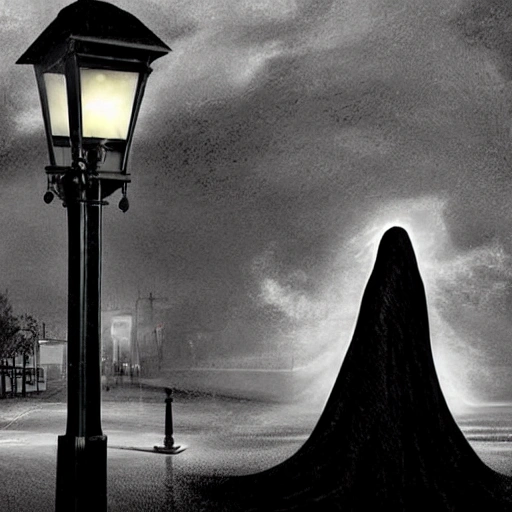 It was a dark and stormy night, the wind was blowing hard. In the midst of the storm, a man in a long black cloak was walking through the deserted streets. Suddenly, he came across a beautiful lady of the night next to a street lamp. The light illuminated her as if she were an angel, although only her eyes had that holiness., Oil Painting