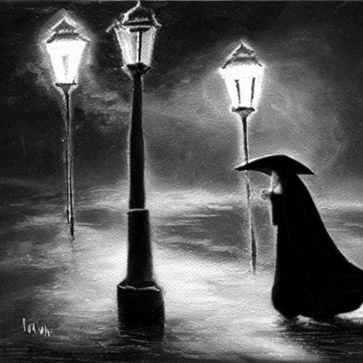 It was a dark and stormy night, the wind was blowing hard. In the midst of the storm, a man in a long black cloak was walking through the deserted streets. Suddenly, he came across a beautiful lady of the night next to a street lamp. The light illuminated her as if she were an angel, although only her eyes had that holiness., Oil Painting