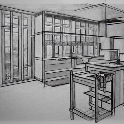 Create a kitchen designed by Piet Mondrian, Pencil Sketch