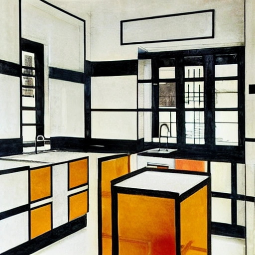 Create a kitchen designed by Piet Mondrian, Water Color