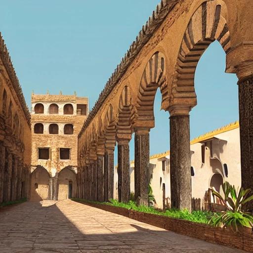 Eye level view of Spanish Cordoba in 1000 AD at noon while sunny, masterpiece, Ultra Detailed, Hyper-realistic, environment concept art by Unreal Engine.