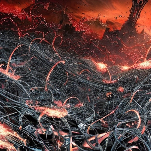 Downvote
swarm of nanobots in a giant formation invading a ruined city, held aloft by thousands of glowing wires, gold & obsidian flowing long hair, todd mcfarlane — c 1 5, finished concept art, ancient kings in white robes, bombs dropping, serpentine features, oversaturated, saturn in the background, dark baroque painting, digital artwork, murata range, red kimono, arrogant, in the style of chris foss