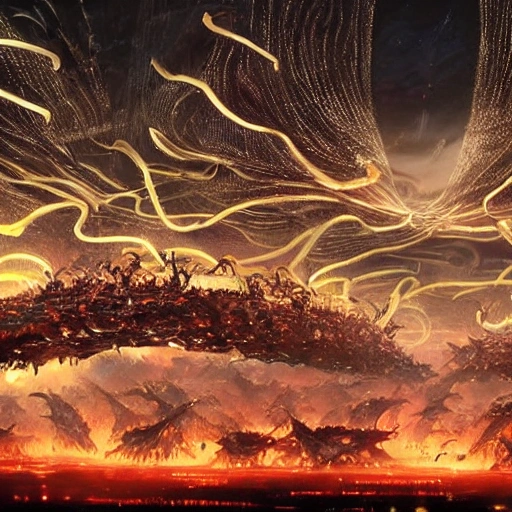 Downvote
swarm of nanobots in a giant formation invading a ruined city, held aloft by thousands of glowing wires, gold & obsidian flowing long hair, todd mcfarlane — c 1 5, finished concept art, ancient kings in white robes, bombs dropping, serpentine features, oversaturated, saturn in the background, dark baroque painting, digital artwork, murata range, red kimono, arrogant, in the style of chris foss