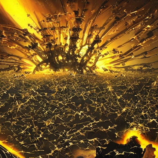 Downvote
swarm of nanobots in a giant formation invading a ruined city, held aloft by thousands of glowing wires, gold & obsidian flowing long hair, todd mcfarlane — c 1 5, finished concept art, ancient kings in white robes, bombs dropping, serpentine features, oversaturated, saturn in the background, dark baroque painting, digital artwork, murata range, red kimono, arrogant, in the style of chris foss