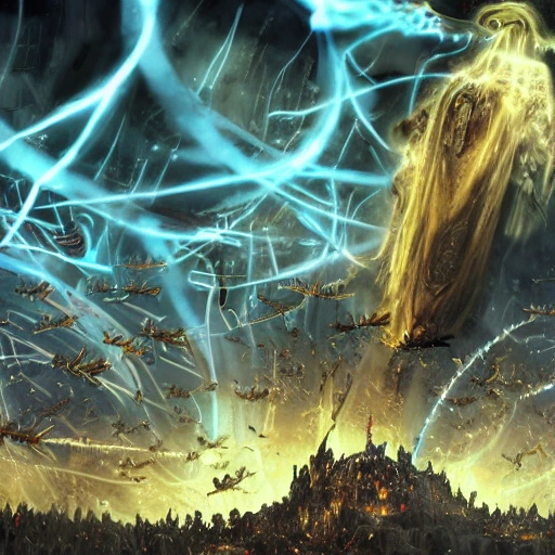 Downvote
swarm of nanobots in a giant formation invading a ruined city, held aloft by thousands of glowing wires, gold & obsidian flowing long hair, todd mcfarlane — c 1 5, finished concept art, ancient kings in white robes, bombs dropping, serpentine features, oversaturated, saturn in the background, dark baroque painting, digital artwork, murata range, red kimono, arrogant, in the style of chris foss