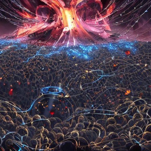 Downvote
swarm of nanobots in a giant formation invading a ruined city, held aloft by thousands of glowing wires, gold & obsidian flowing long hair, todd mcfarlane — c 1 5, finished concept art, ancient kings in white robes, bombs dropping, serpentine features, oversaturated, saturn in the background, dark baroque painting, digital artwork, murata range, red kimono, arrogant, in the style of chris foss