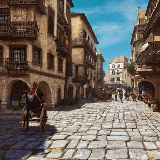 Eye level view of a Middle Ages Spanish city street at noon on a sunny day, bustling with people in traditional clothing and horses pulling carts, surrounded by old stone buildings with iron balconies, masterpiece, Ultra Detailed, Hyper-realistic, environment concept art by Unreal Engine.