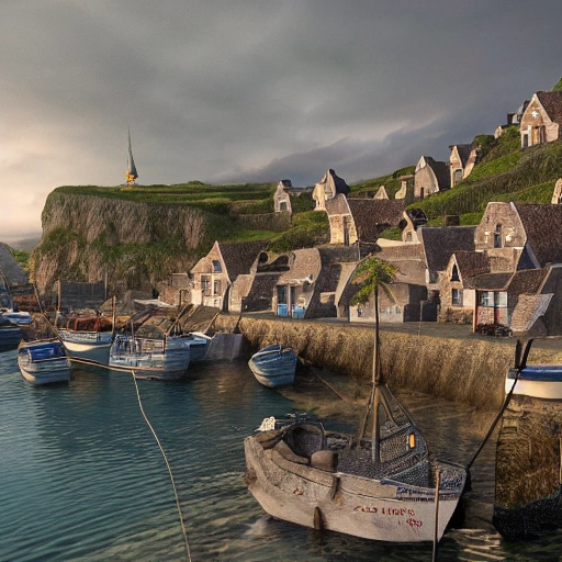 Eye level view of a French fishing village at dawn on an overcast day, with boats coming in from the sea, and local fisherman unloading their catch onto the docks. The village is surrounded by rugged cliffs and quaint cottages with thatched roofs, masterpiece, Ultra Detailed, Hyper-realistic, environment concept art by Unreal Engine.