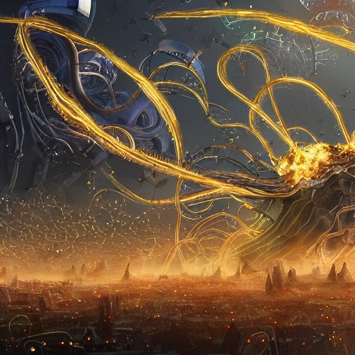 Downvote
swarm of nanobots in a giant formation invading a ruined city, held aloft by thousands of glowing wires, gold & obsidian flowing long hair, todd mcfarlane — c 1 5, finished concept art, ancient kings in white robes, bombs dropping, serpentine features, oversaturated, saturn in the background, dark baroque painting, digital artwork, murata range, red kimono, arrogant, in the style of chris foss