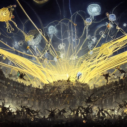 Downvote
swarm of nanobots in a giant formation invading a ruined city, held aloft by thousands of glowing wires, gold & obsidian flowing long hair, todd mcfarlane — c 1 5, finished concept art, ancient kings in white robes, bombs dropping, serpentine features, oversaturated, saturn in the background, dark baroque painting, digital artwork, murata range, red kimono, arrogant, in the style of chris foss