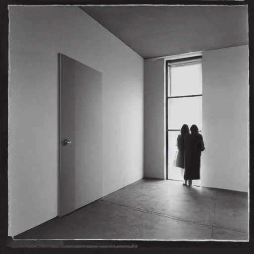 Generate an image of a dark, windowless room measuring two meters by three meters with a single, sealed window. In the foreground, there should be two women embracing each other in fear. In the background, there should be a third woman sitting in a corner, appearing sad and dejected. At the doorway, there should be a man standing and looking into the room.