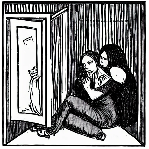 Generate an image of a dark, windowless room measuring two meters by three meters with a single, sealed window. In the foreground, there should be two women embracing each other in fear. In the background, there should be a third woman sitting in a corner, appearing sad and dejected. At the doorway, there should be a man standing and looking into the room., Pencil Sketch