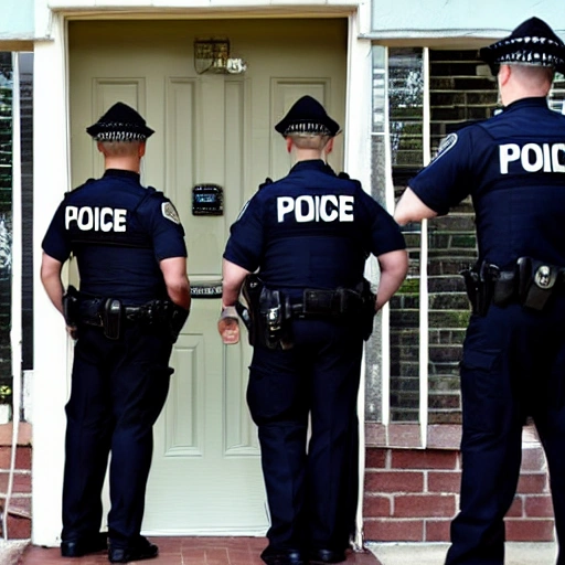 Generating a prompt for a scene where two police officers arrive at a house and are talking to three people at the door:

Two police officers arrive at a house, both dressed in their official uniforms. One of the officers is a man and the other is a woman. They approach the door and ring the bell. Three people come to the door, including two women and a man. The man looks concerned, while the two women seem to be in distress. The officers explain that they are there to investigate a report of a crime. They ask the three people a few questions and take notes. The scene ends with the officers walking away from the house, leaving the three people standing at the door looking worried.