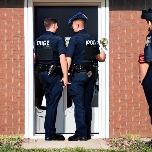 Generating a prompt for a scene where two police officers arrive at a house and are talking to three people at the door:

Two police officers arrive at a house, both dressed in their official uniforms. One of the officers is a man and the other is a woman. They approach the door and ring the bell. Three people come to the door, including two women and a man. The man looks concerned, while the two women seem to be in distress. The officers explain that they are there to investigate a report of a crime. They ask the three people a few questions and take notes. The scene ends with the officers walking away from the house, leaving the three people standing at the door looking worried., Pencil Sketch