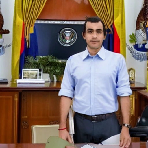 Generate an image of a man standing in front of the presidential office desk in Colombia, with the president behind the desk. The office should have the characteristics of an 80s presidential office.