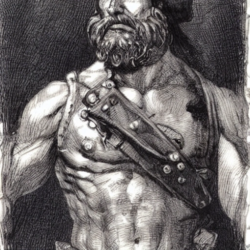 The pirate with a wooden leg is a rugged and weathered figure, with a rough and tough exterior that exudes strength and resilience. He has a broad chest, thick arms, and a muscular build, giving him a sturdy and imposing appearance. His face is weathered and tanned, with a thick beard that covers his chin and cheeks. He has deep-set eyes, a strong jawline, and a determined expression that conveys his fearless spirit.

He wears a classic pirate outfit, consisting of leather breeches, a white cotton shirt with rolled-up sleeves, and a wide-brimmed hat with a bandana tied around the base. His boots are made of durable leather, and he wears a sash around his waist that holds his sword, pistol, and a bag of loot.

One of the most distinctive features of the pirate with a wooden leg is, of course, his leg. He has a wooden prosthetic that he uses to stand firmly on deck and navigate through rough waters. The wooden leg is carved with intricate designs and details, and it is often decorated with metal studs or banding to give it a sturdy and rugged appearance.

Overall, the pirate with a wooden leg is a rugged and imposing figure, with a fearless spirit and a rough and tumble appearance that embodies the adventurous spirit of the high seas.