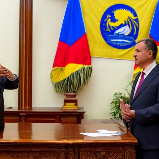 A man stands in front of a large wooden desk, facing the seated President of Colombia. The man appears to be speaking to the president, who listens attentively and takes notes on a piece of paper. The room is filled with shelves of books and a Colombian flag hanging on the wall. The air is tense with a sense of significance as the conversation unfolds."