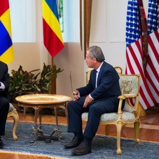 "Two Men in Conversation: The President of Colombia and a Visitor"

In the scene, two men are standing facing each other. One of them, the President of Colombia, is sitting in his chair behind a large wooden desk. The other man is standing in front of the desk, engaging in a conversation with the President. The atmosphere is tense, as if the conversation is important and significant for both parties. The desk is surrounded by bookcases filled with books and a Colombian flag hanging on the wall, adding to the professional and serious tone of the scene.