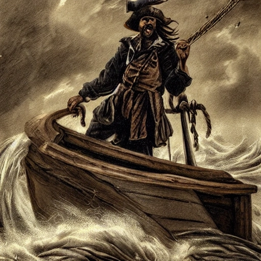 The pirate sailing through a storm is a striking and powerful figure, surrounded by the turbulence and chaos of the sea. He is dressed in rough and rugged clothing, suitable for the demands of life at sea, and he stands at the prow of his ship, surveying the stormy waters ahead.

His physical appearance is weather-beaten and windswept, with long hair that is tossed about by the wind. He has a strong jawline, a broad chest, and a muscular build that exudes confidence and determination. Despite the raging storm, his expression is calm and focused, and his eyes are fixed on the horizon as he navigates his ship through the turbulent seas.

The ship itself is battered and weathered, with torn sails and ropes whipping in the wind. The deck is slick with rain, and waves crash against the hull, sending sprays of saltwater into the air. The sky overhead is dark and foreboding, with lightning flashing across the clouds and thunder echoing through the air.

Despite the storm, the pirate is at ease, confident in his abilities and in the strength of his ship. He stands tall and proud, a symbol of the fearless spirit of the sea and the adventurers who dare to brave its storms., Cartoon