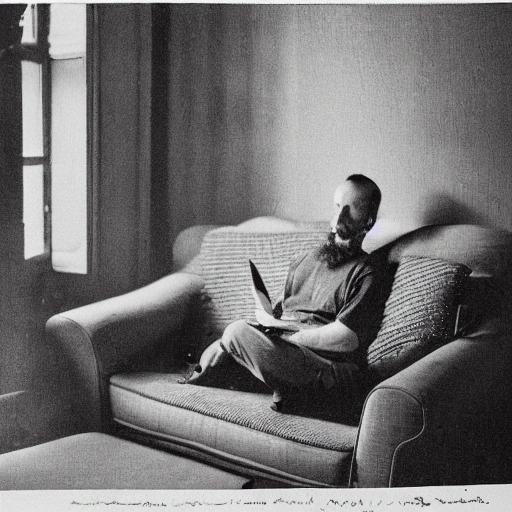 A man is seated on a comfortable couch, deeply engrossed in a letter he holds in his hands. His expression is one of concentration and contemplation, as if he is lost in thought. The room around him is cozy and inviting, with warm lighting and soft furnishings. The letter itself is handwritten, with an elegant and flowing script. In the background, there is a window with a view of a beautiful garden, adding to the peaceful and tranquil atmosphere.