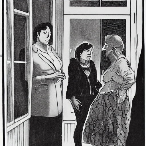 A group of women stands outside a modern home, looking up at a man inside. They appear to be in distress, gesturing and speaking urgently to the man, who stands by the window with a concerned expression. The scene is tense and emotional, as the women plead for help and the man seems to be considering their request.