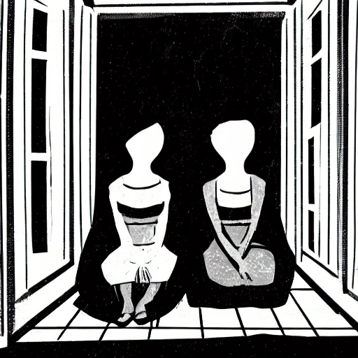 Generate an image of two women sitting together in a corner of a very dirty, dark, windowless room measuring two meters by three meters with a single, sealed window. The women should be embracing each other in fear as a man stands in front of them, talking to them and only visible as a shadow.