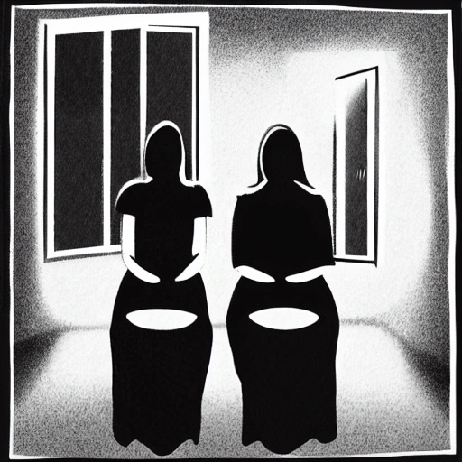 Generate an image of two women sitting together in a corner of a very dirty, dark, windowless room measuring two meters by three meters with a single, sealed window. The women should be embracing each other in fear as a man stands in front of them, talking to them and only visible as a shadow. The room should have a TV that is turned on, casting light into the room and reflecting the glow on the women and the man's shadow.