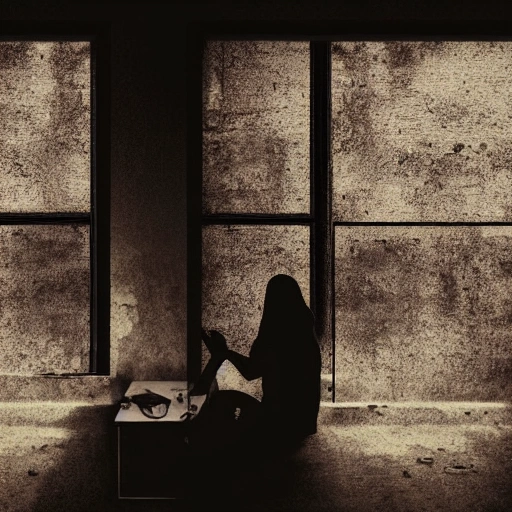 Generate an image of two women sitting together in a corner of a very dirty, dark, windowless room measuring two meters by three meters with a single, sealed window. The women should be embracing each other in fear as a man stands in front of them, talking to them and only visible as a shadow. The room should have a TV that is turned on, casting light into the room and reflecting the glow on the women and the man's shadow.