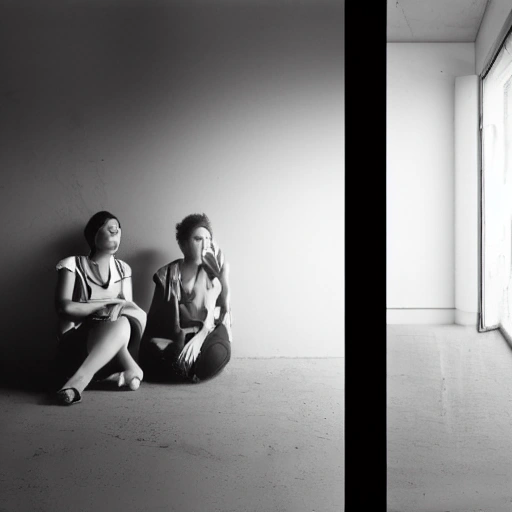 Generate an image of two women sitting together in a corner of a very dirty, dark, windowless room measuring two meters by three meters with a single, sealed window. The women should be embracing each other in fear as two men stand in front of them, talking to them and only visible as shadows. The room is lit by the flickering light of a television set, which is turned on and reflecting its light around the room.