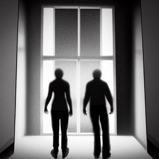 Generate an image of two men turning around to look at the two women sitting together in a corner of a very dirty, dark, windowless room measuring two meters by three meters with a single, sealed window. The women should be embracing each other in fear as a man stands in front of them, talking to them and only visible as a shadow. The light from the TV is reflected in the room, casting eerie shadows on the walls. The two men, standing with their backs to the scene, have just realized what's happening and are turning to face it.